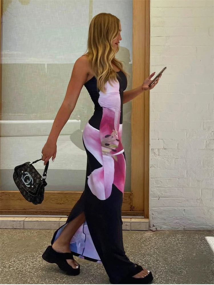 Gedruckt Spaghetti Hot Backless Maxi Kleid Frauen Mode Schlank Elegante Kontrast Patchwork Halter Kleider Herbst Lange DressZ