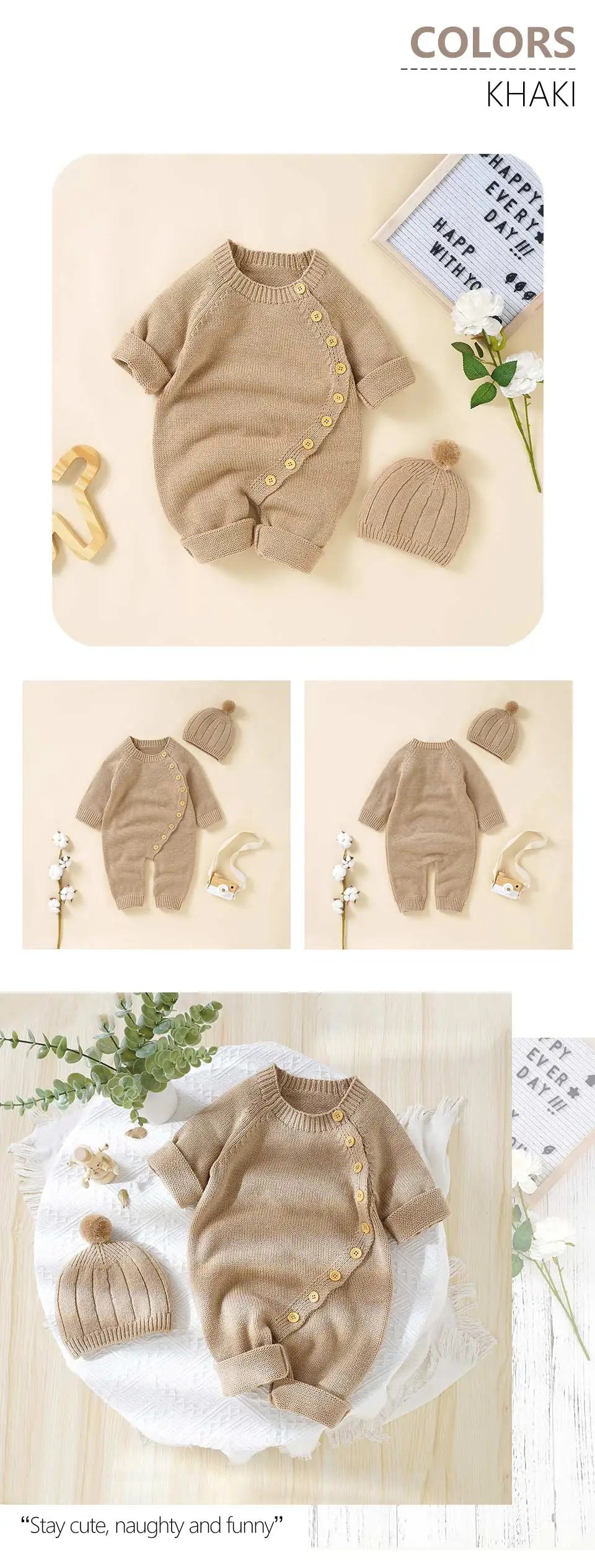 Baby Rompers Knitted Autumn Long Sleeve Newborn Boys Girls Jumpsuits Hats Outfits Sets Winter Solid Infant Netural Overall 0-18m