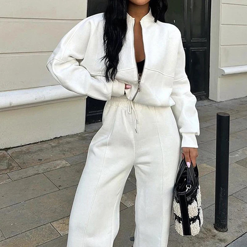 BKLD 2025 Casual Women's Tracksuit Sets Zip-up Loose Cropped Cardigan+Drawstring Sweatpants Solid Fashion Running Street Outfits.