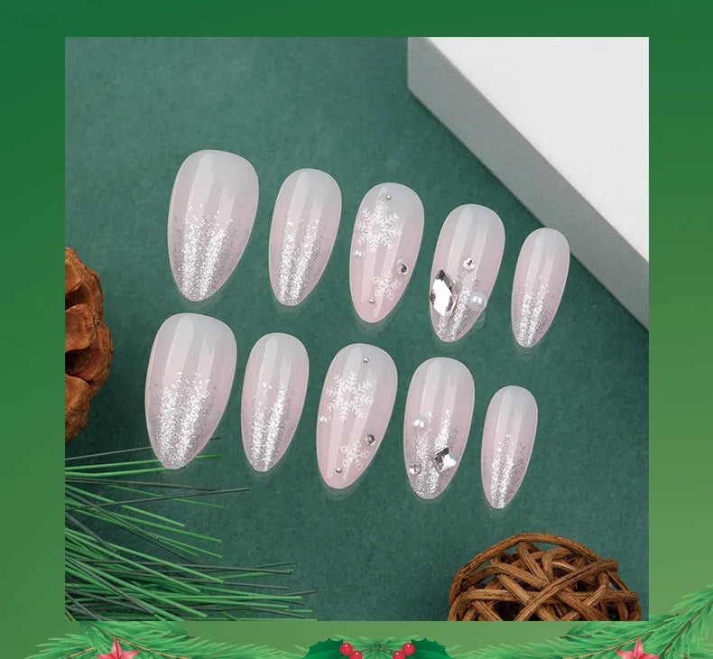 24Pcs Christmas Press on Nails White Snowflake  Fake Nails French Almond Glitter Artificial Nails Full Cover Nail New Year Gifts.
