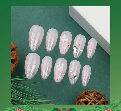 24Pcs Christmas Press on Nails White Snowflake  Fake Nails French Almond Glitter Artificial Nails Full Cover Nail New Year Gifts.