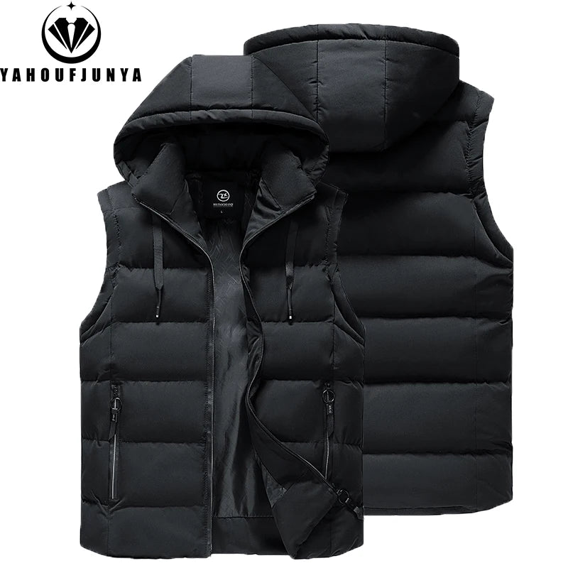 Men Autumn Sleeveless Outdoors Casual Solid Warm Vest Men Winter Detachable Hooded Fleece Pocket Zipper Fashion Vest Male Coat.
