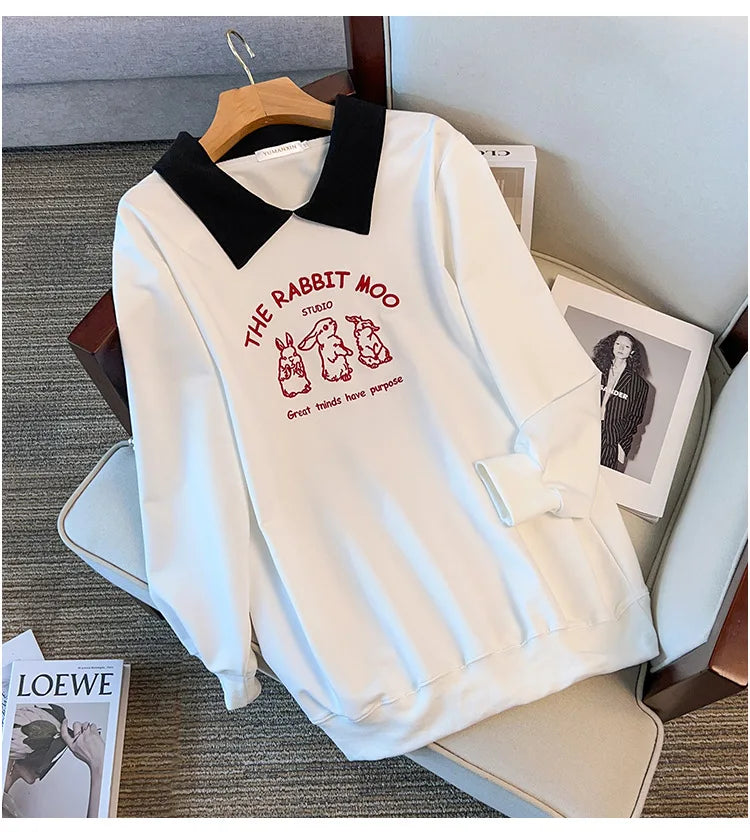 175kg plus size Damen büste Frühling Herbst loser Polo kragen Kaninchen besticktes Sweatshirt schwarz weiß 5xl 6xl 7xl 8xl 9xl.