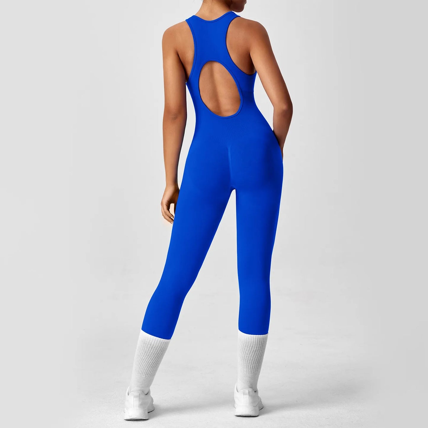 Ladies' Fashion Solid Color Round Neck Tight Yoga Jumpsuit Breathable Sleeveless Front Zipper Soft and Comfy Fitness Clothes.