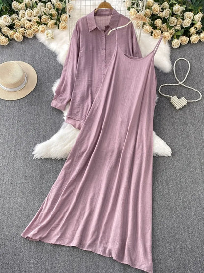 Muslim Women Shirt Dress Two Piece Set Solid Modest Suits Ramadan Musulman Ensemble Morocco Dubai Abayas Islam Outfits Jalabiya