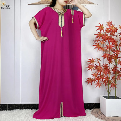 New Muslim Abayas Summer Short Sleeve African Dashiki Tassels Cotton Loose Caftan Lady Maxi Islam Casual Dresses With Headscarf.
