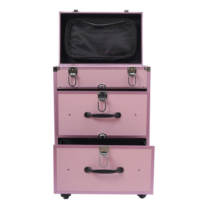 3 in 1 Rolling Makeup Case with Drawer, Large Makeup Case Organizers, Profesional Cosmetic Case for Salon Barber, Light Pink