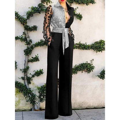 Sexy Fashion Lace Long Sleeve High Waist Single Breasted Wide Leg Pants Overalls Romper Onepices Elegant Women Corset Jumpsuit.