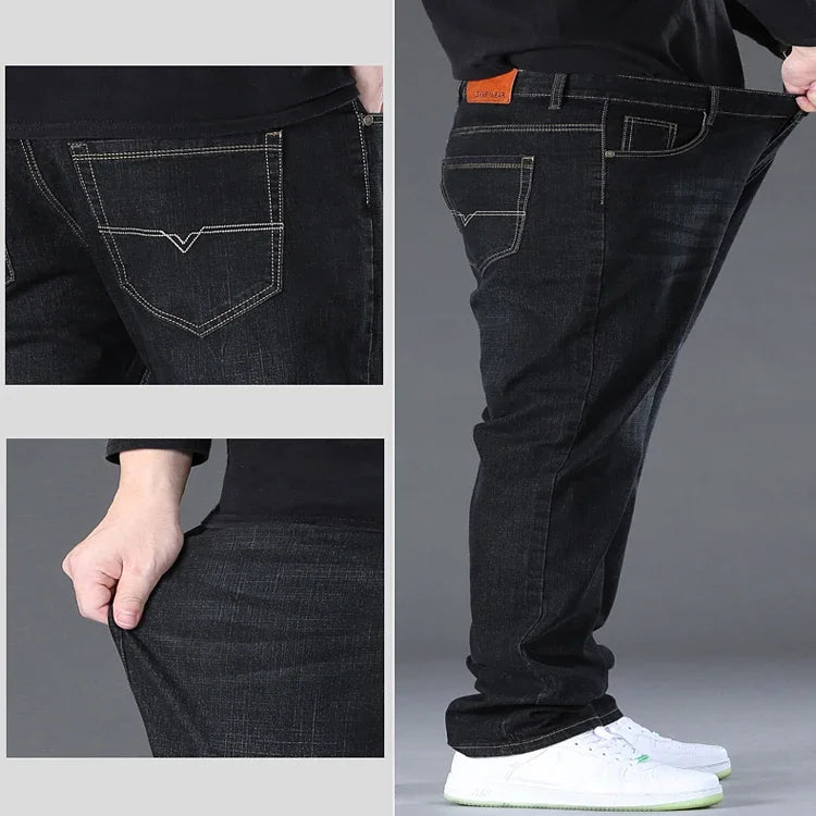Große Größe Herren Jeans High Stretch Denim Stoff Große Größe Hosen für 45-150 kg Jeans Hombre Jeans mit weitem Bein Pantalon Homme.