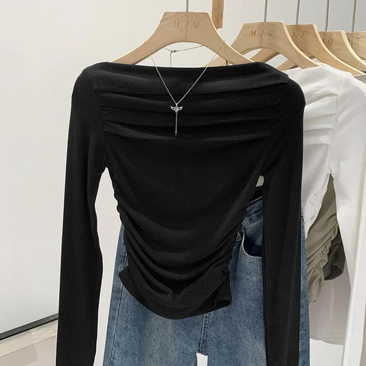 Spicy Girl Style One-Collar Ruffles Cropped Long Sleeve T-Shirt Women's Autumn/Winter New Arrival Base Layer Sweatshirt.