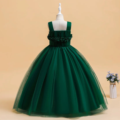 Mädchen Partykleider Weiß Langes Hochzeit Brautjungfer Prinzessin Kleid Abend Tüllkleid Abschlussball Klavier Performance Kleid