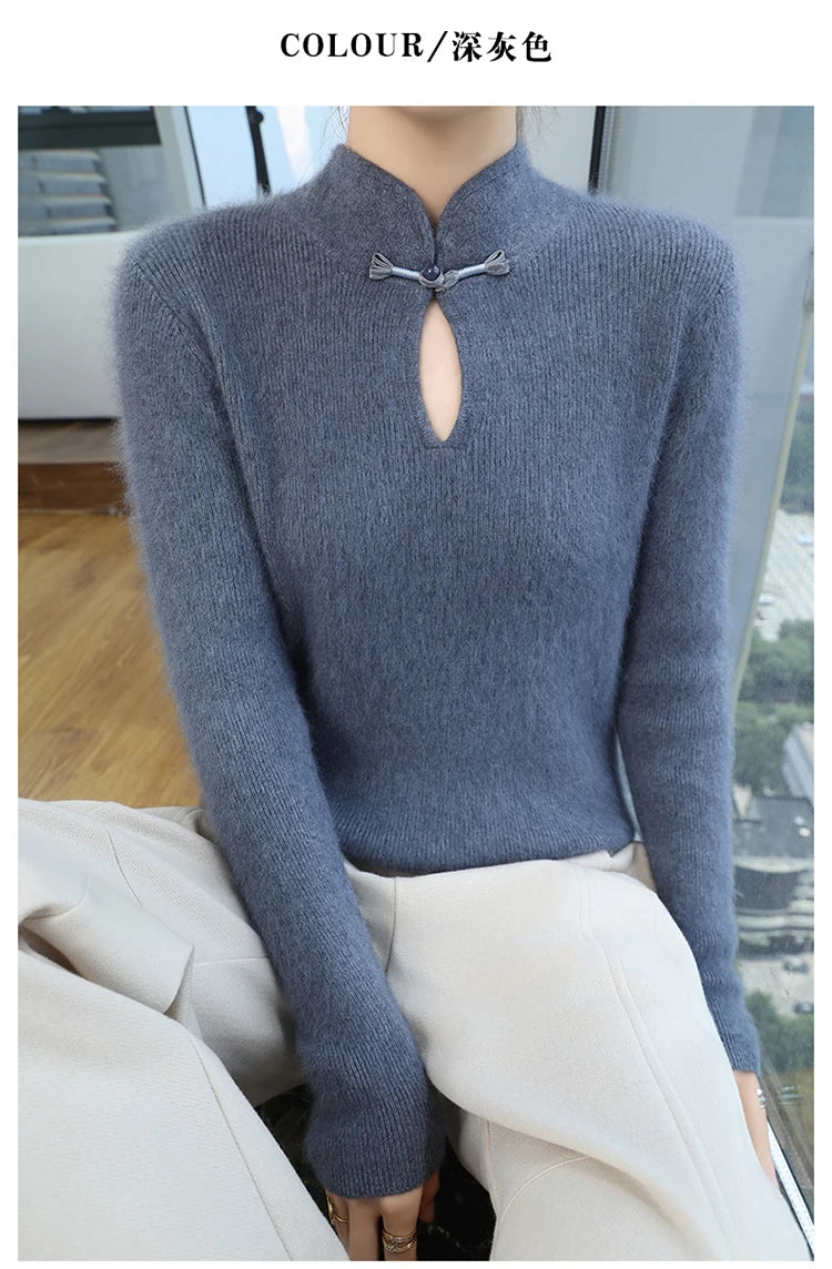 2024 autumn winter new 100% mink cashmere sweater women's pullover slim-fit long sleeve solid color stand collar bottom knitwear