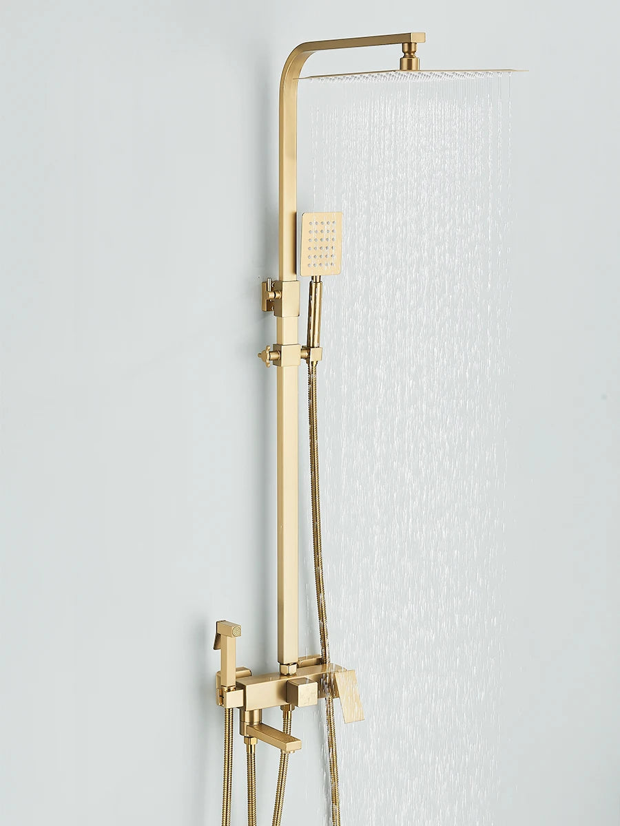 4 in 1 Gold Brushed Shower System Rainfall Shower Hot Cold Water Mixer With Bidet Faucet Bath Shower Faucet For Bathroom