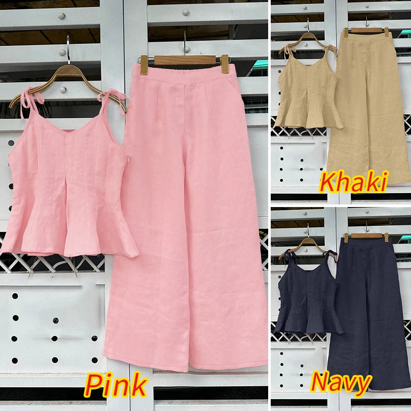 ZANZEA Women Stylish 2 Pieces Pant Sets Spaghetti Straps V-Neck Ruffled Camisole Tops & Wide Leg Pants 2pcs Suits Woman Outfits.