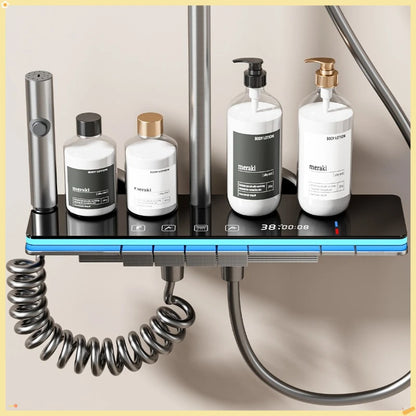 Graues Duschsystem mit Umgebungslicht, intelligentes digitales Duscharmatur-Set, Temperaturanzeige, Regen-Badezimmer-Duschset