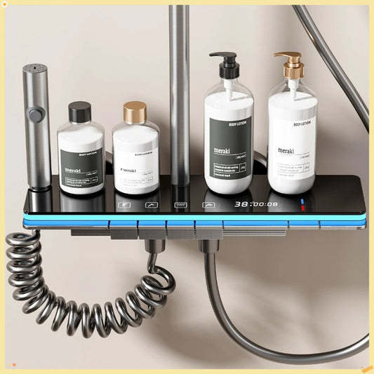 Graues Duschsystem mit Umgebungslicht, intelligentes digitales Duscharmatur-Set, Temperaturanzeige, Regen-Badezimmer-Duschset