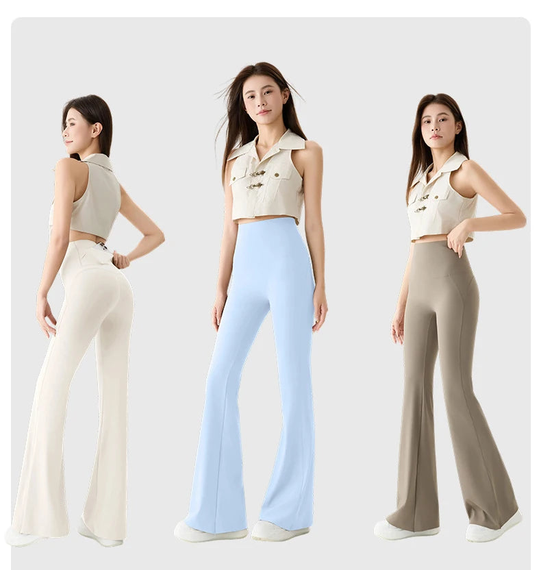 BIVIGAOS Naked Feeling Back Waist Pocket Sharkskin Micro Flared Leggings Women's Tight Sexy Sports Fitness Yoga Casual Pants.