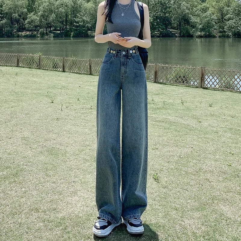 High Waist Straight Leg Jeans Women's Summer New 2025 Small Size Wide Leg Loose Drapey Slimming Floor-Length Pants.