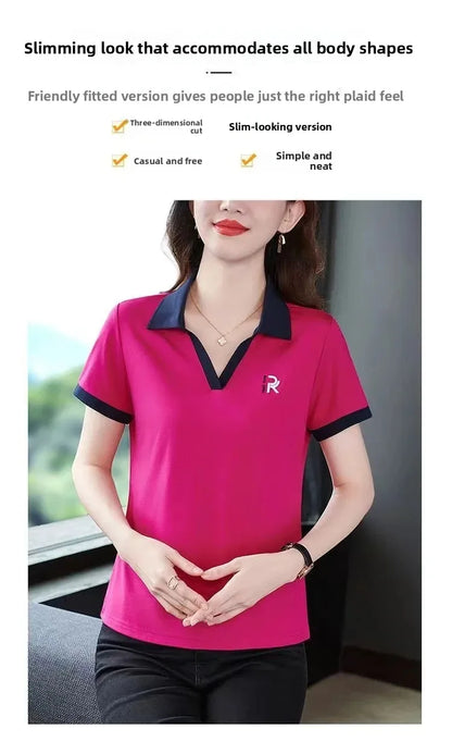 Loose Fit Polo Shirt Short Sleeve Turn-down Collar T-shirt for Middle-aged Mothers Summer New Style Sport Casual Top plus Size.