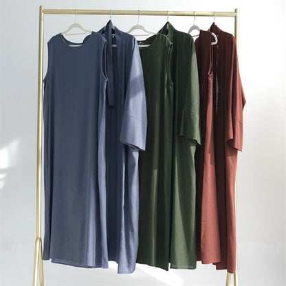 Eid Summer Cotton Linen Kimono Coat Dubai Open Abaya 2024 Muslim for Women Set Retro Kaftan Modest Dresses Islam Clothing Kebaya.