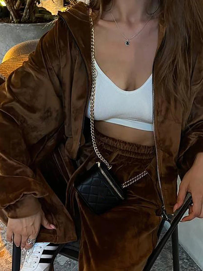 Women Autumn Hooded Coat Two Pieces Sets, Solid Patchwork Wide Leg Pants Chic Outfit, New Long Sleeve Casual Simple Ladies Suits