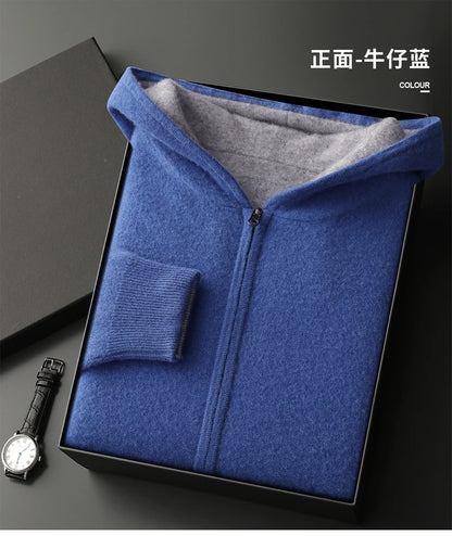Autumn Winter Pure Cashmere Sweater Double-sided Cardigan Men's Casual Zipper Thickened Cashmere Knitted Hooded Sweater Coat