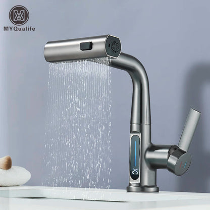 Waterfall Temperature Digital Display Basin Faucet Lift Up Down Stream Sprayer Hot Cold Water Sink Mixer Wash Tap For Bathroom