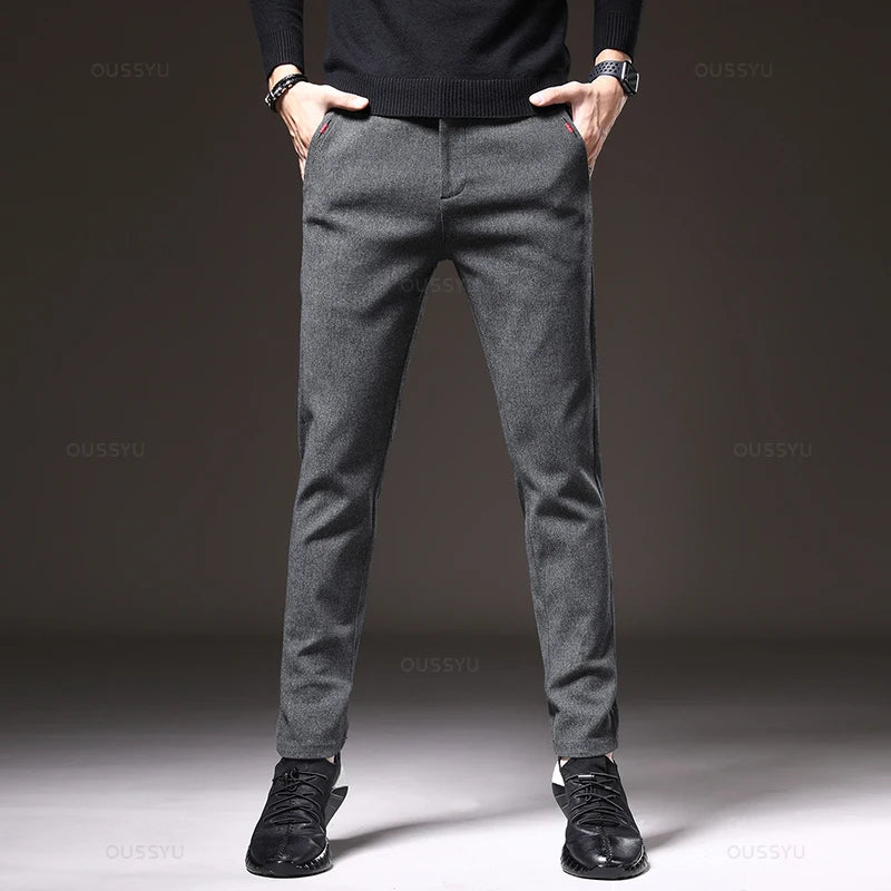 Autumn Winter Men's Brushed Fabric Casual Pants Business Fashion Slim Fit Stretch Thick Gray Blue Black Cotton Trousers Male.