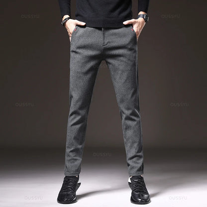 Autumn Winter Men's Brushed Fabric Casual Pants Business Fashion Slim Fit Stretch Thick Gray Blue Black Cotton Trousers Male.