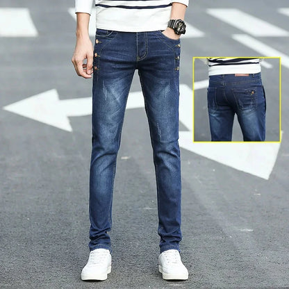 Slim Fit Men's Jeans Casual Elastic Korean Style Autumn Grey Trendy Long Pants Versatile Slim Legged Casual Trousers