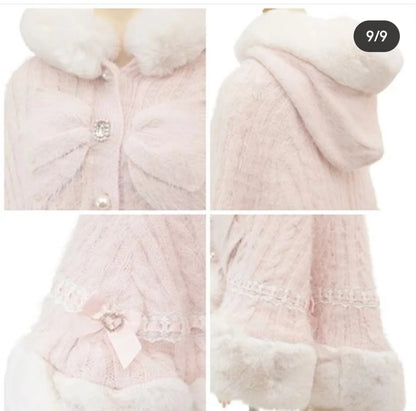 Japanische Liz Süße Prinzessin Faux Kaninchen Fell Cape Mantel Frauen Herbst Winter Pelz Jacke Lose Uhr Strass Bogen Mit Kapuze Mantel