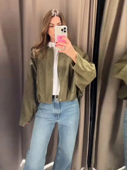 2025 herbst frauen Grün Wildleder Jacke Lose Revers Zipper Langarm Taschen Bomber Mantel Neue Mode Dame Dicke Streetwear.