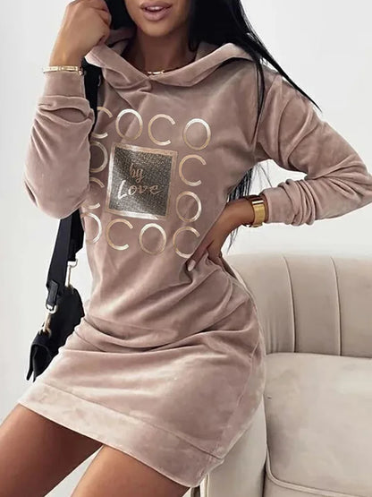 Women Long Sweater Dresses LOVE Print Hooded Loose High Collar Sweatshirts Long Sleeve Pullover Fall Winter Y2K Street Style Top.