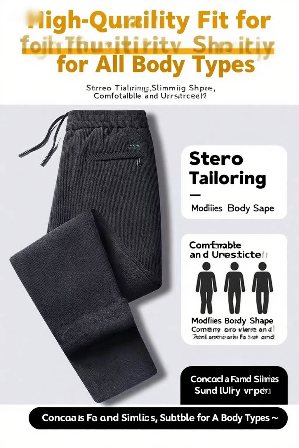 Black gray men's corduroy casual pants with drawstring, thick elastic business pants, mid waist brand winter warm pants.