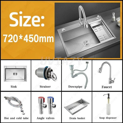 Handgefertigtes silbernes Küchenspülbecken aus Edelstahl 304, herunterziehend, Einzelschüssel-Waschbecken mit Abflussset