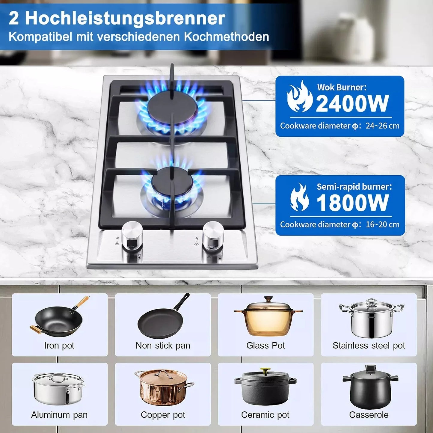 TopStrong  2-burner Stainless Steel with Automatic Flame Protection, Natural Gas Propane Built-in Gas Hob YYEUGCT-S02.