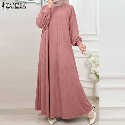 ZANZEA Fashion Muslim Abaya Women Autumn Maxi Sundress Casual Long Sleeve Kaftan Hijab Vestido Solid Loose Islamic Clothing 2024.