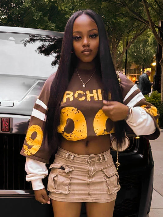 Weird Puss Fake Two Piece Pullover Women Trend Contrast Number Print Patchwork Long Sleeve Autumn Casual Simple Streetwear Tops.