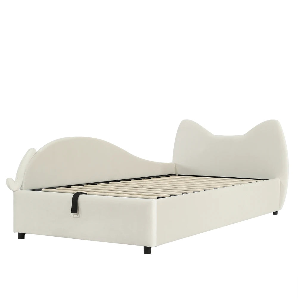 Polsterbett, Einzelbett, süßes Katzendesign, hydraulisches Bett mit Stauraum und Gürtelgriffen, stabiler Gitterrost, 90 x 200 cm