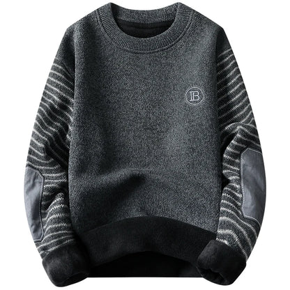 Men's Sweater Patckwork Round Neck Pullovers Fleece Lined Thick Warm Winter Knitwear Fashion Jumpers Men's Clothes.