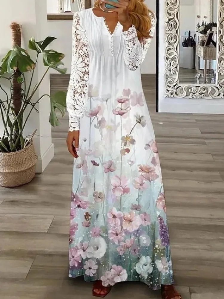 Frühjahr/Sommer Mode frauen Kurzarm Gedruckt Spitze Kleider Elegante frauen Weiß V-ausschnitt Slim Fit Party Lange vestidos.