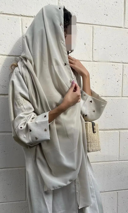 Heart Embroidery Thin Linen Open Abaya Kimono Muslim Dress Abayas for Women Dubai Luxury Turkey Ramadan Eid Islam Clothes Kaftan.