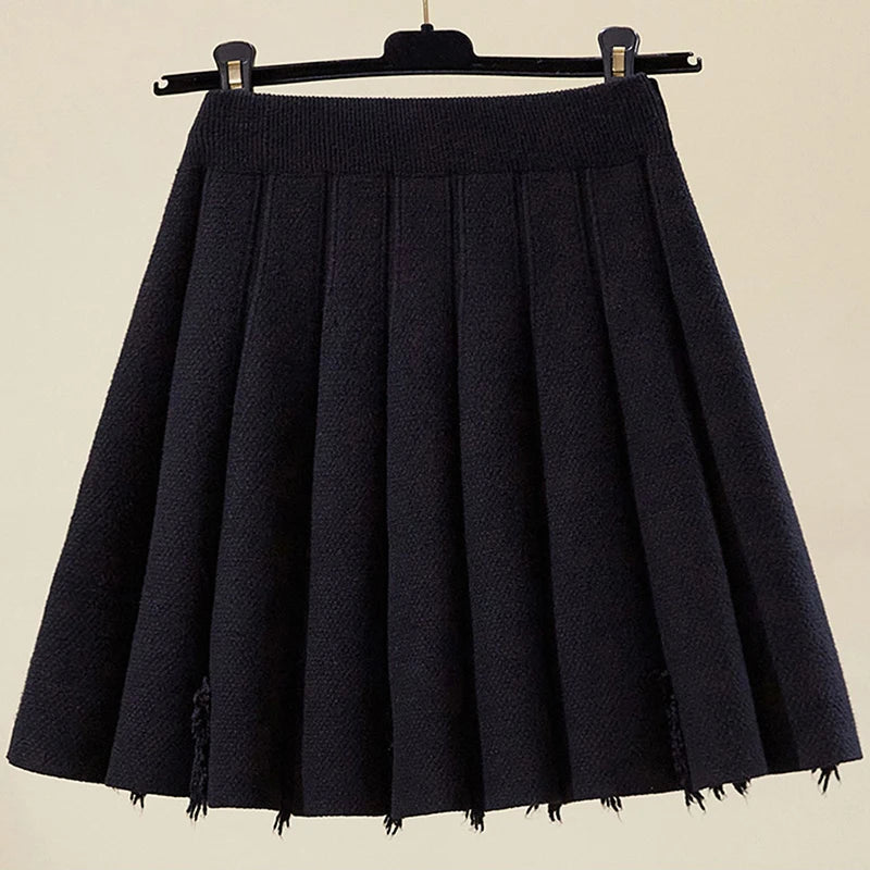 All Match Knitting Short Pleated Skirt Women Autumn Winter 2025 High Waist Mini Skirts Woman Casual Solid Thick A Line Skirts.