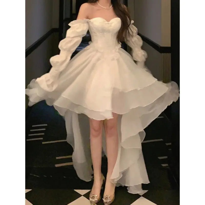 Elegante Rüschen Chic Fee Kleid Frauen Weiß Süße Koreanische Stil Prinzessin Kleid Weibliche 2023 Sommer Slash Neck Casual Party Kleid.