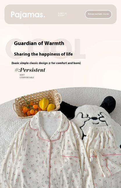 Sweet Little Floral Pajamas Women's Spring and Autumn Long Sleeves New High-Value Niche Pajamas Loungewear Wrinkle Cloth Set.