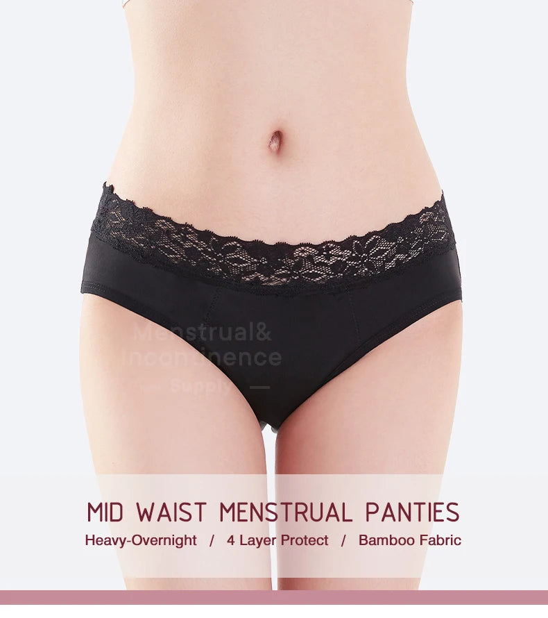 Mid-Waist Period Underwear for Women 4-Layer Anti-Leakage Super Absorbent Menstrual Panties for Daily Use Sports.