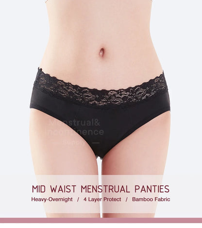 Mid-Waist Period Underwear for Women 4-Layer Anti-Leakage Super Absorbent Menstrual Panties for Daily Use Sports.
