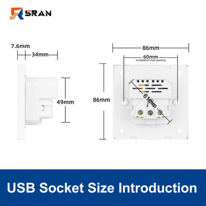 SRAN EU-Standard-Wandsteckdose mit USB und Typ-C 20 W Schnellladung, 5 V/2 A Doppelanschlüssen, 86 x 86 mm flammhemmendes Panel, CE-zertifiziert.