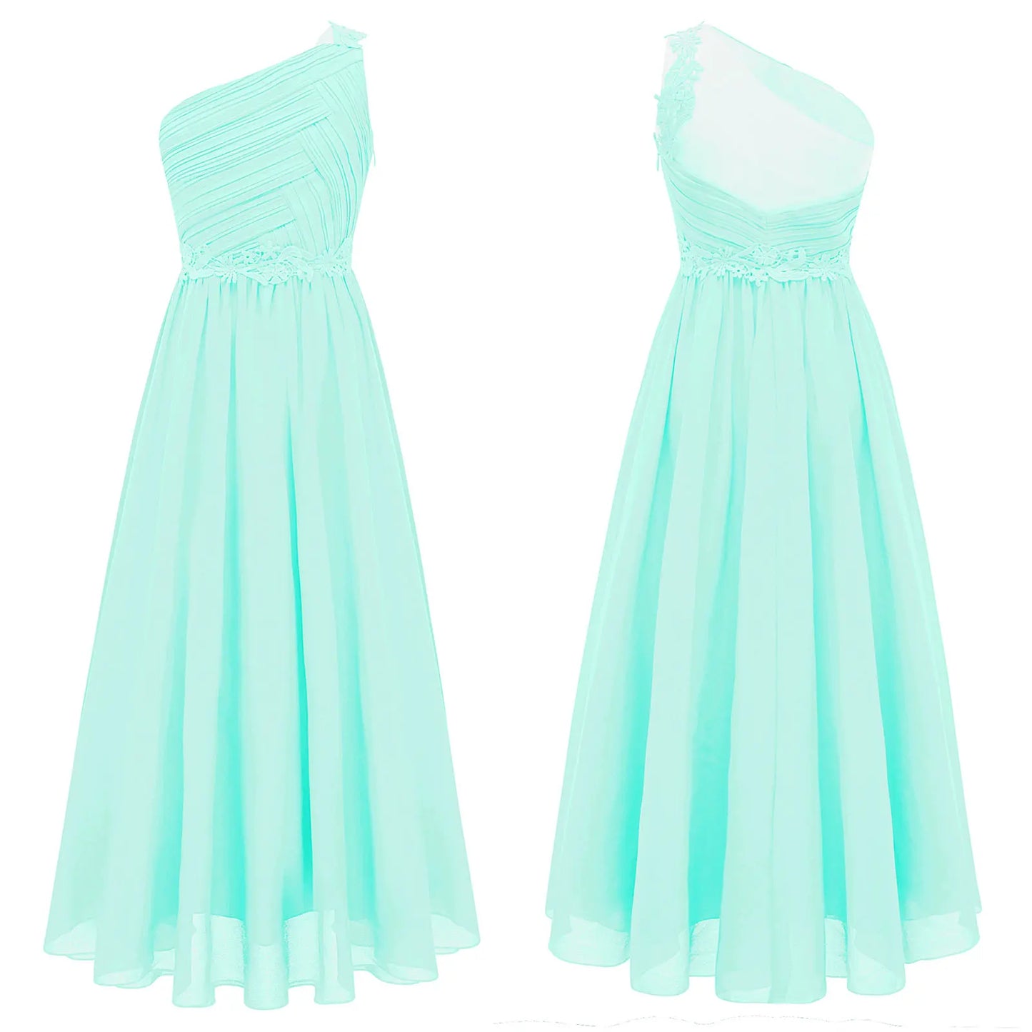 Mädchen Hochzeit Brautjungfer Kleid One Shoulder Elegante Guipure-Spitze Geraffte Chiffon Maxi Party Kleider Geburtstag Abend Abendkleid