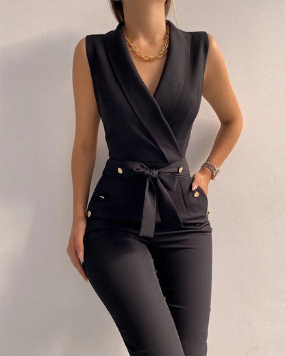 Women Casual V Neck Jumpsuits Button Lace Up Sleeveless Wide Leg Pants Streetwear Overalls Jumpsuit Women.